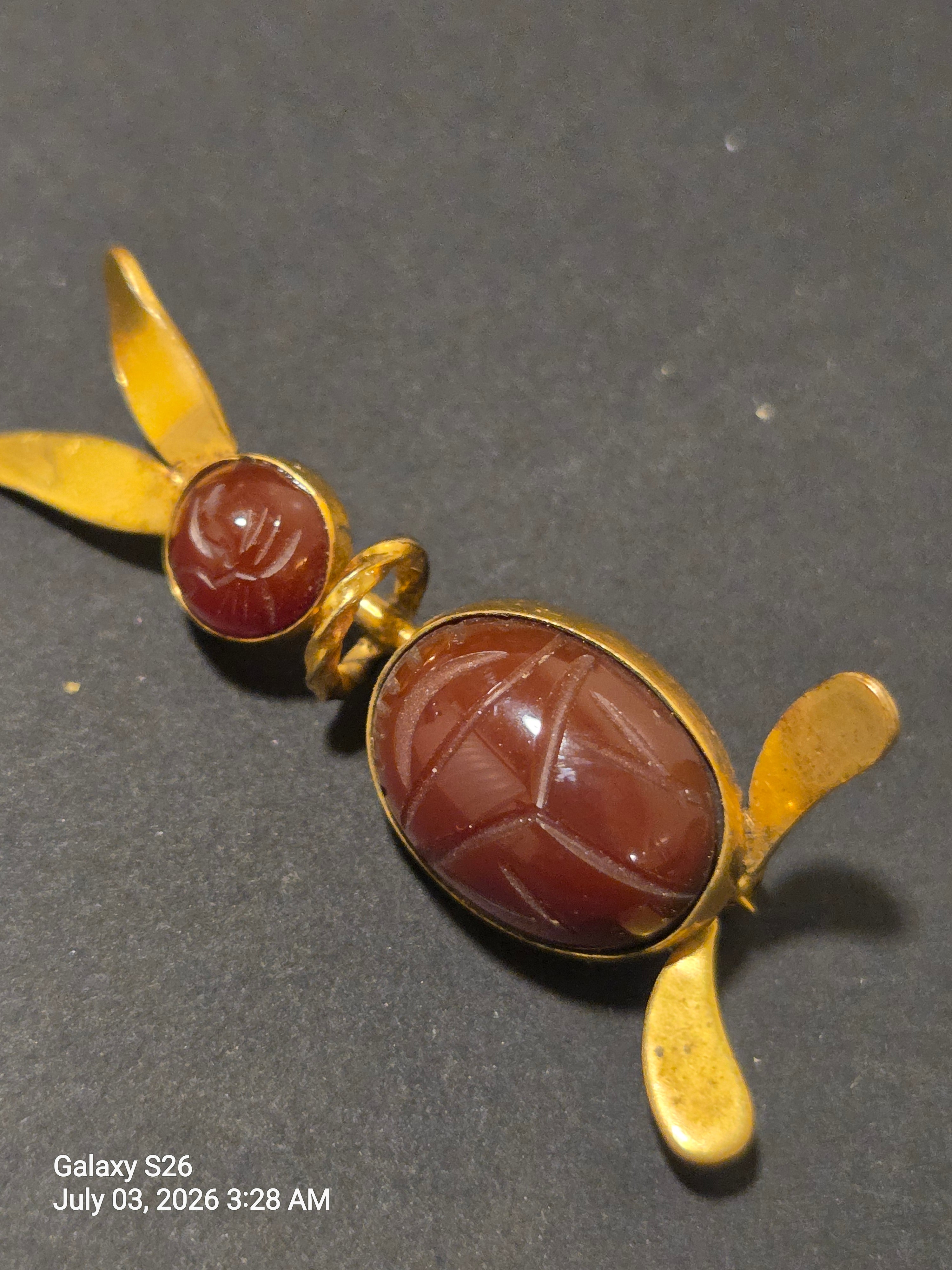 Vintage carved carnelian scarab pin